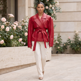 Women's Belted Faux Leather Short Trench Jacket – Red – full-body on model