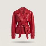 Women's Belted Faux Leather Short Trench Jacket – Red – front product view