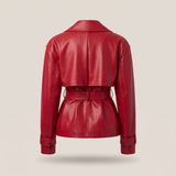 Women's Belted Faux Leather Short Trench Jacket – Red – rear or detail product view