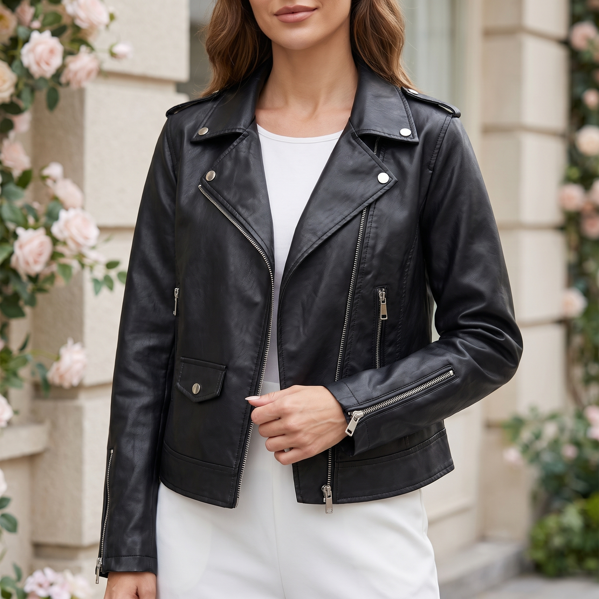 Women's Black Cropped Faux Leather Biker Jacket – Black – front on model