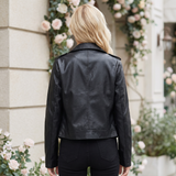 Women's Black Cropped Faux Leather Biker Jacket – Black – alternate model view