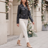 Women's Black Cropped Faux Leather Biker Jacket – Black – full-body on model