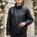 Women's Black funnel collar faux leather jacket – front on model