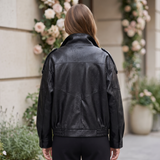Women's Black funnel collar faux leather jacket – back on model