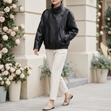 Women's Black funnel collar faux leather jacket – full-length styling