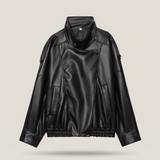Women's Black funnel collar faux leather jacket – front product view