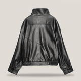 Women's Black funnel collar faux leather jacket – back product view