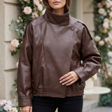 Women's Brown funnel collar faux leather jacket – front on model