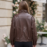 Women's Brown funnel collar faux leather jacket – back on model