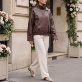 Women's Brown funnel collar faux leather jacket – full-length styling