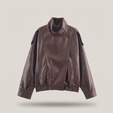 Women's Brown funnel collar faux leather jacket – front product view