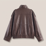 Women's Brown funnel collar faux leather jacket – back product view