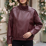 Women's Wine Red funnel collar faux leather jacket – front on model