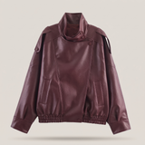 Women's Wine Red funnel collar faux leather jacket – front product view