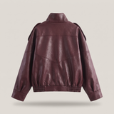 Women's Wine Red funnel collar faux leather jacket – back product view