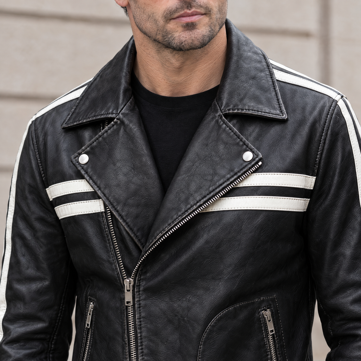 Men's Rhodes Vintage Leather Moto Jacket — Black/White — chest-detail