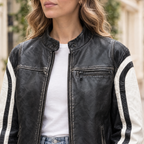 Women's Millie Oversized Striped Racer Jacket — Black/White — chest-detail