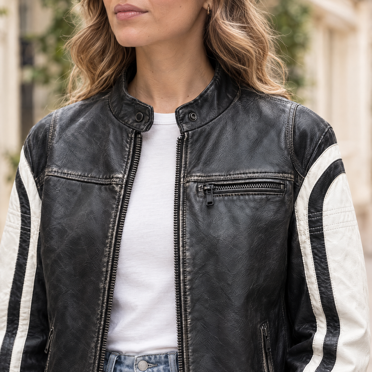 Women's Millie Oversized Striped Racer Jacket — Black/White — chest-detail