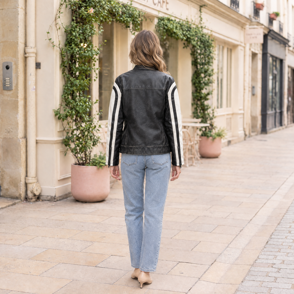 Women's Millie Oversized Striped Racer Jacket — Black/White — full-body-back