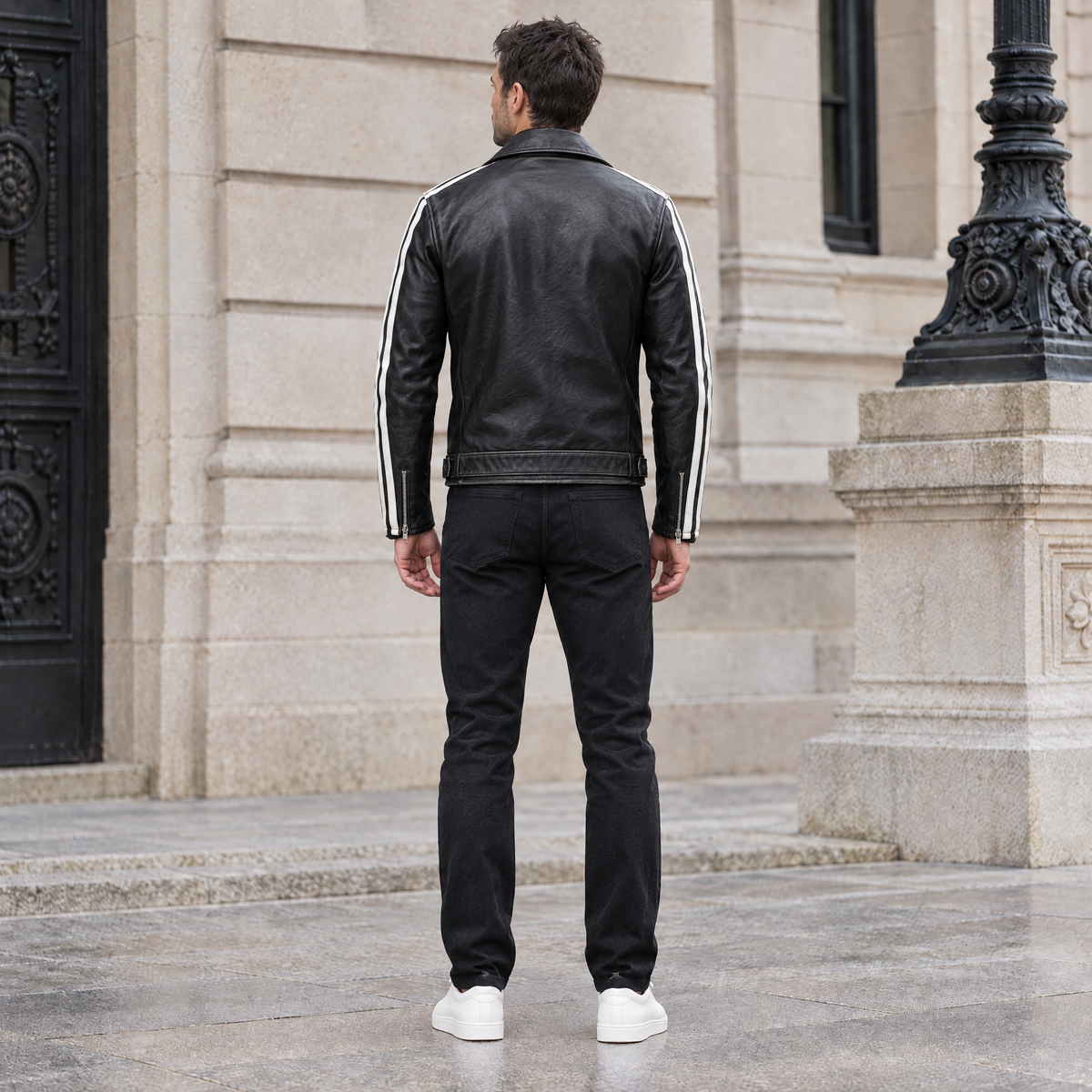Men's Rhodes Vintage Leather Moto Jacket — Black/White — full-body-back