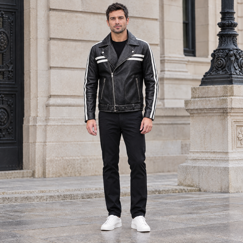 Men's Rhodes Vintage Leather Moto Jacket — Black/White — full-body-front