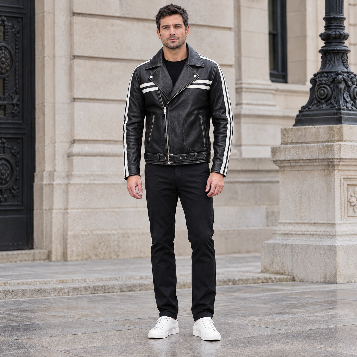 Men's Rhodes Vintage Leather Moto Jacket — Black/White — full-body-front