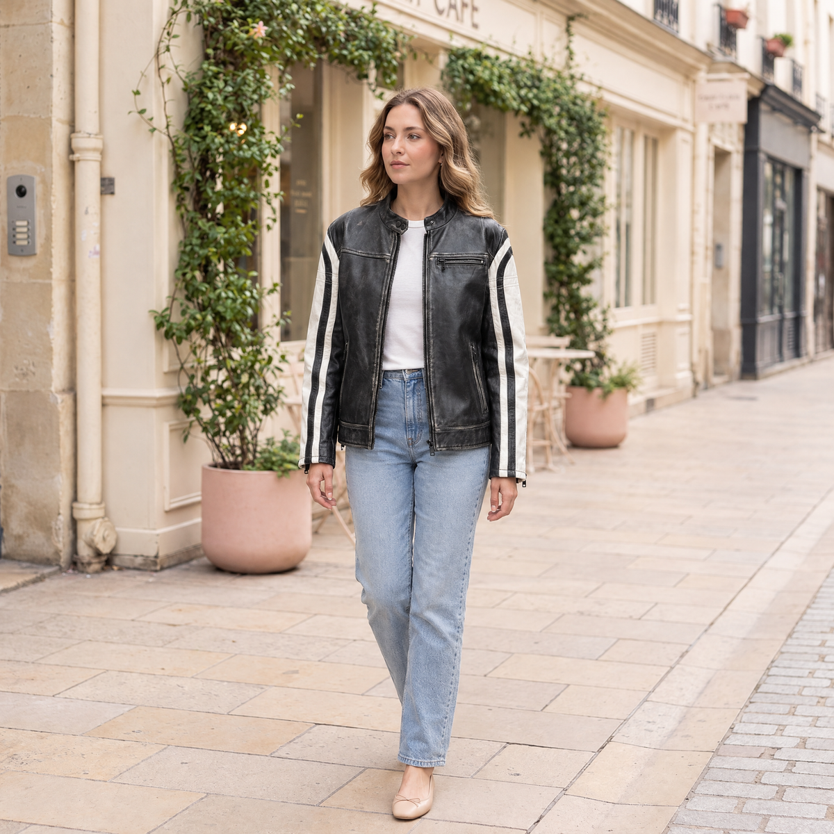 Women's Millie Oversized Striped Racer Jacket — Black/White — full-body-front