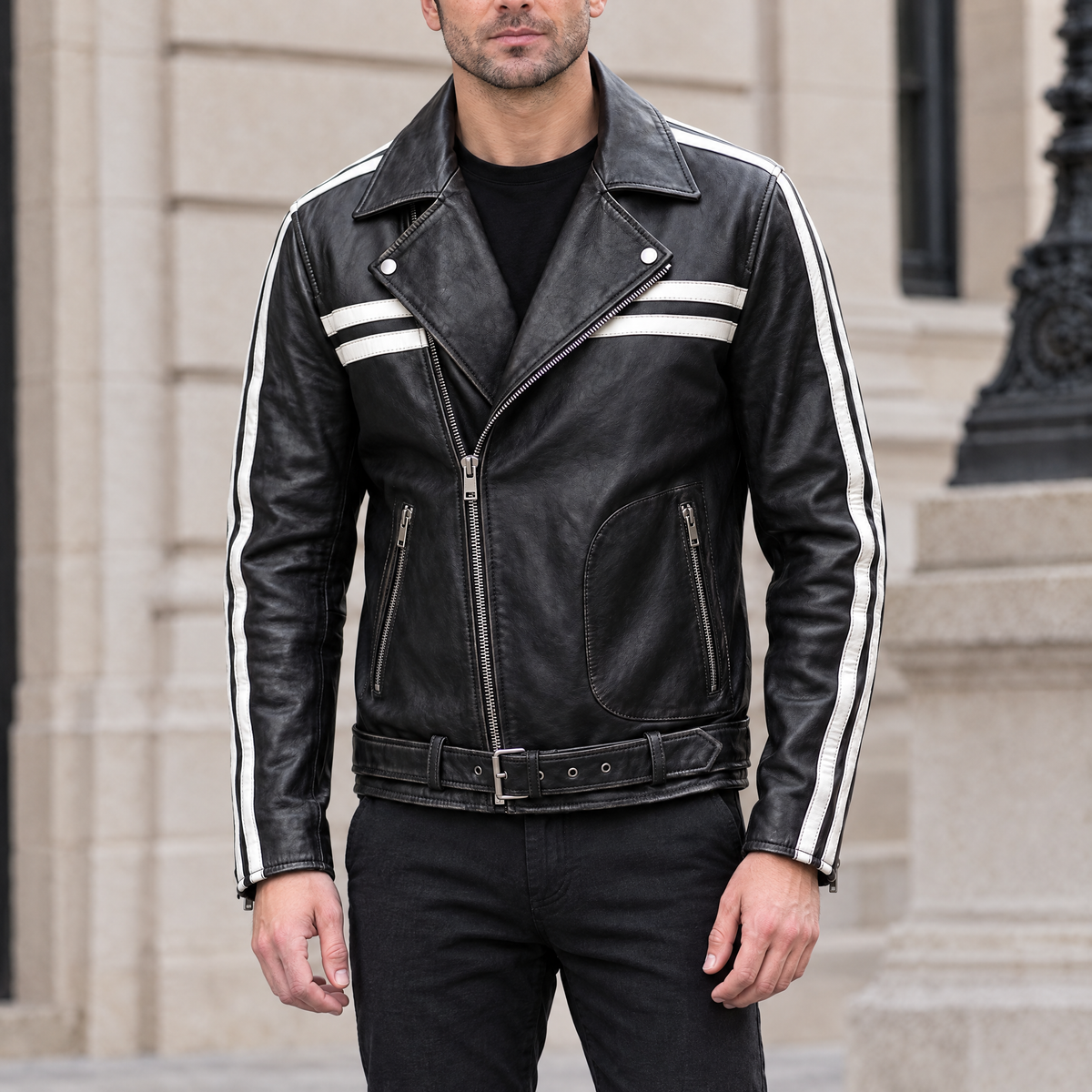 Men's Rhodes Vintage Leather Moto Jacket — Black/White — hero