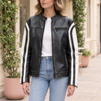 Women's Millie Oversized Striped Racer Jacket — Black/White — hero