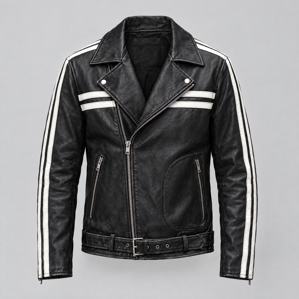 Men's Rhodes Vintage Leather Moto Jacket — Black/White — product-front