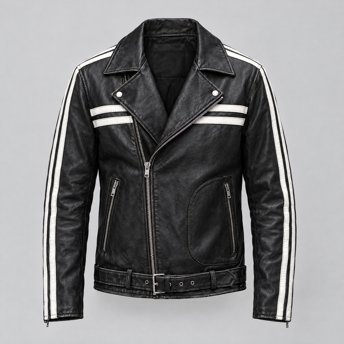 Men's Rhodes Vintage Leather Moto Jacket — Black/White — product-front