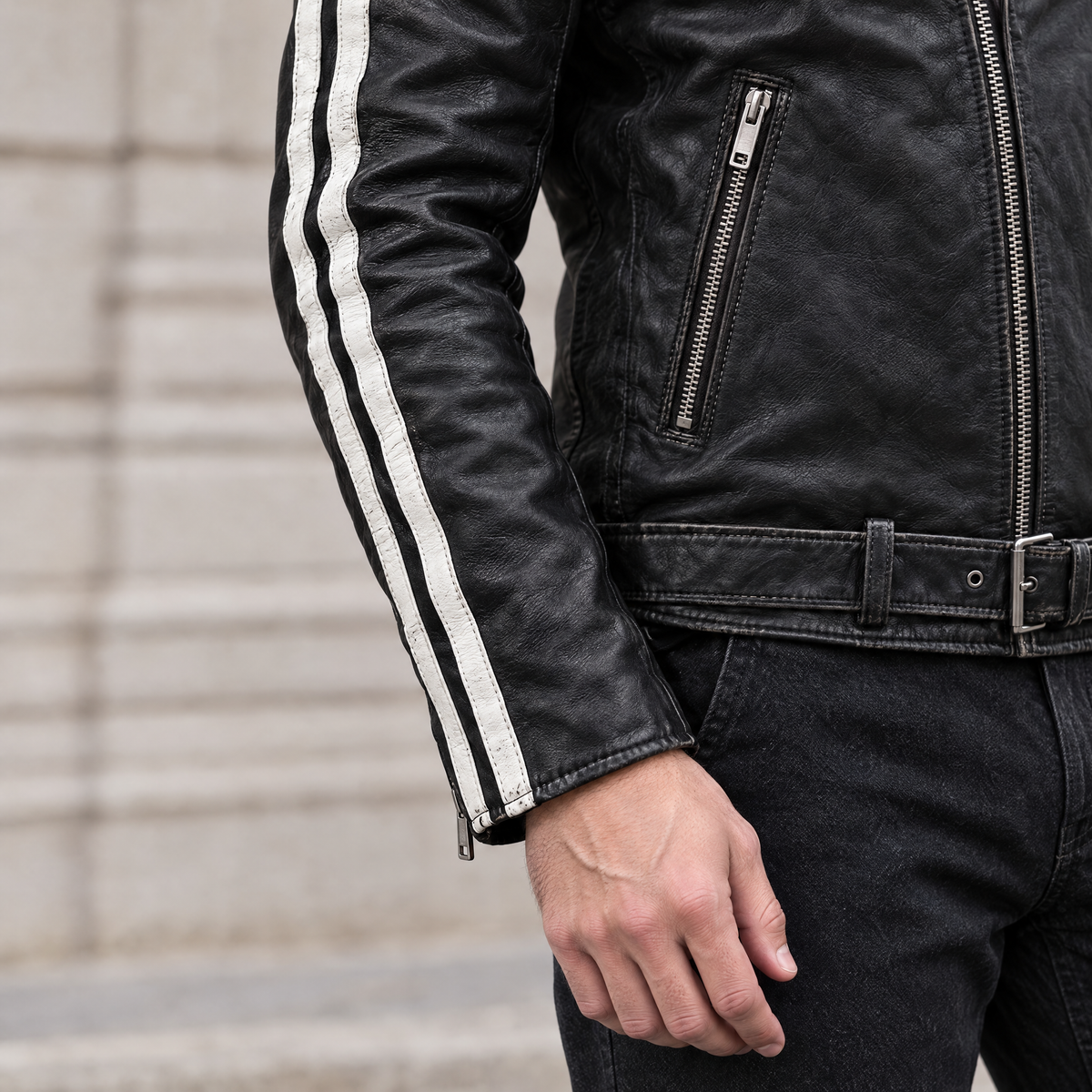 Men's Rhodes Vintage Leather Moto Jacket — Black/White — sleeve-detail