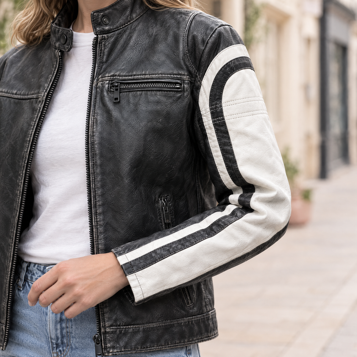 Women's Millie Oversized Striped Racer Jacket — Black/White — sleeve-detail