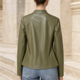 Women's fitted faux leather jacket rear view