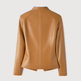 Women's fitted faux leather jacket rear view