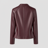 Women's fitted faux leather jacket rear view