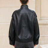 Women's Relaxed Stand-Collar Faux Leather Moto Jacket