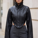 Corset-panel faux leather jacket — front lifestyle view
