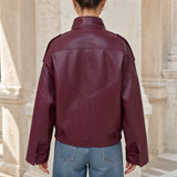 Women's Relaxed Stand-Collar Faux Leather Moto Jacket