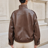 Women's Relaxed Stand-Collar Faux Leather Moto Jacket