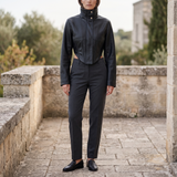 Corset-panel faux leather jacket — full-body outfit