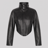 Black corset-panel faux leather jacket — front product view