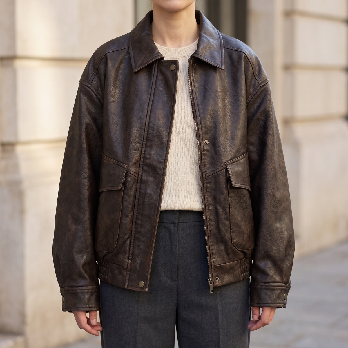 Dark brown relaxed faux leather bomber jacket — front lifestyle view