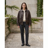 Dark brown relaxed faux leather bomber jacket — full-body outfit