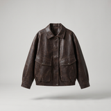 Dark brown relaxed faux leather bomber jacket — front product view