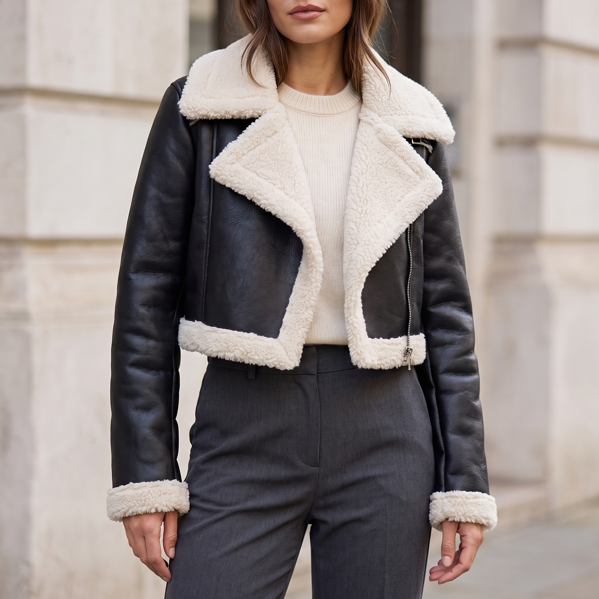 Cropped fleece-trim jacket — Black