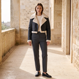 Cropped fleece-trim jacket — Black