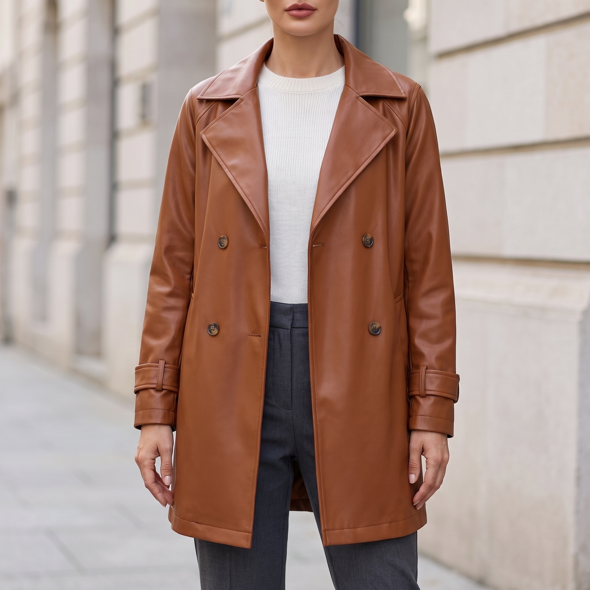 Brown belted faux leather coat — front lifestyle view