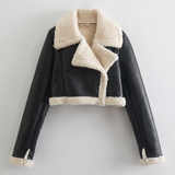 Cropped fleece-trim jacket — Black