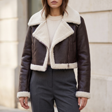 Cropped fleece-trim jacket — Dark Brown